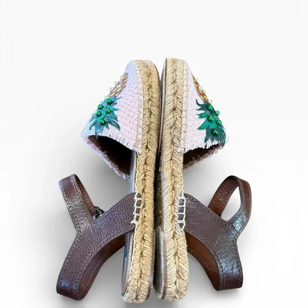 Dolce & Gabbana Pineapple Kiwi Patch Raffia Espadrille Sandals EU 39 US 9